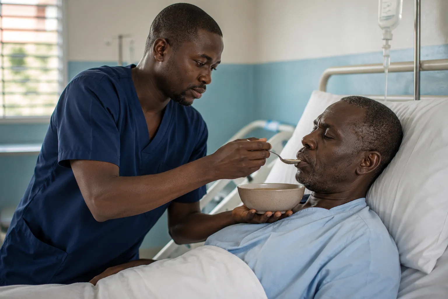 Garde-malade accompagnant un patient hospitalisé à Bamako