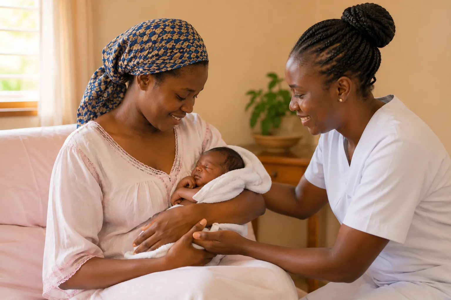 Sage-femme prodiguant des soins à une maman et son nouveau-né à domicile à Bamako